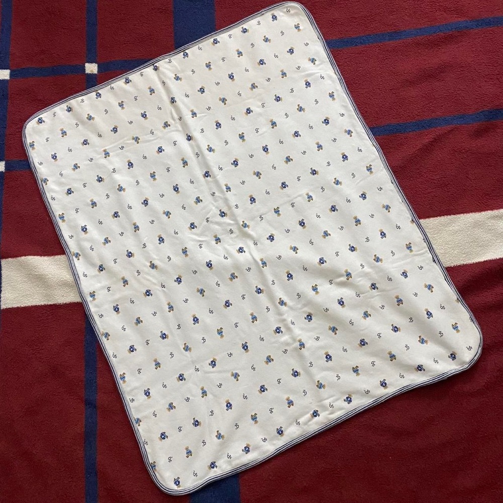 Ralph Lauren white blue teddy bear baby receiving blanket one size 71cmx81cm
